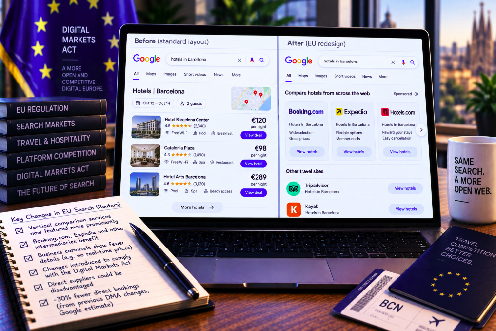 Google’s New EU Search Layout Gives Comparison Sites More Visibility—While Direct Hotel and Restaurant Listings Lose Features