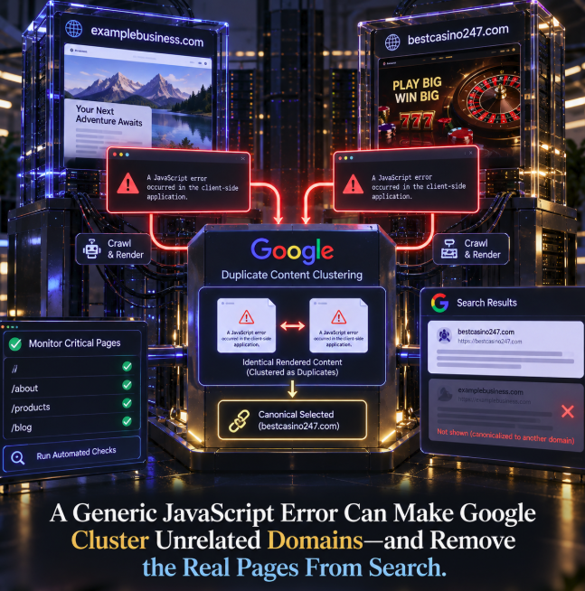 A Generic JavaScript Error Can Make Google Cluster Unrelated Domains—and Remove the Real Pages From Search