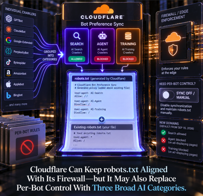 Cloudflare Can Keep robots.txt Aligned With Its Firewall—but It May Also Replace Per-Bot Control With Three Broad AI Categories