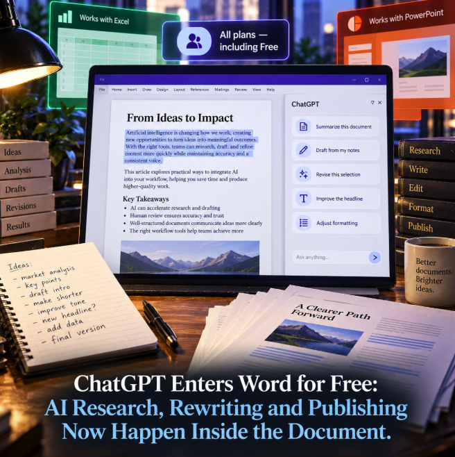 ChatGPT Enters Word for Free: AI Research, Rewriting and Publishing Now Happen Inside the Document