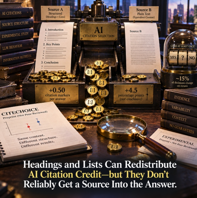 Headings and Lists Can Redistribute AI Citation Credit—but They Don’t Reliably Get a Source Into the Answer