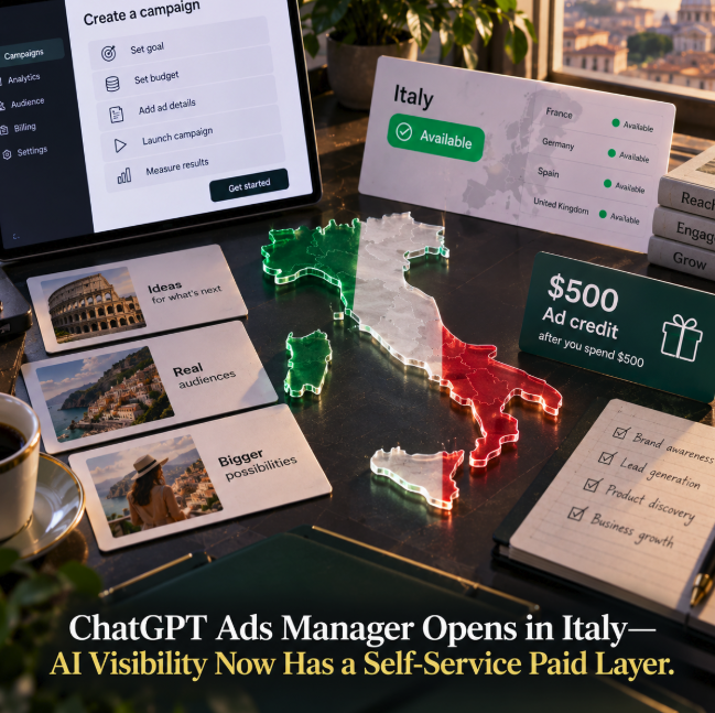 ChatGPT Ads Manager Opens in Italy—AI Visibility Now Has a Self-Service Paid Layer