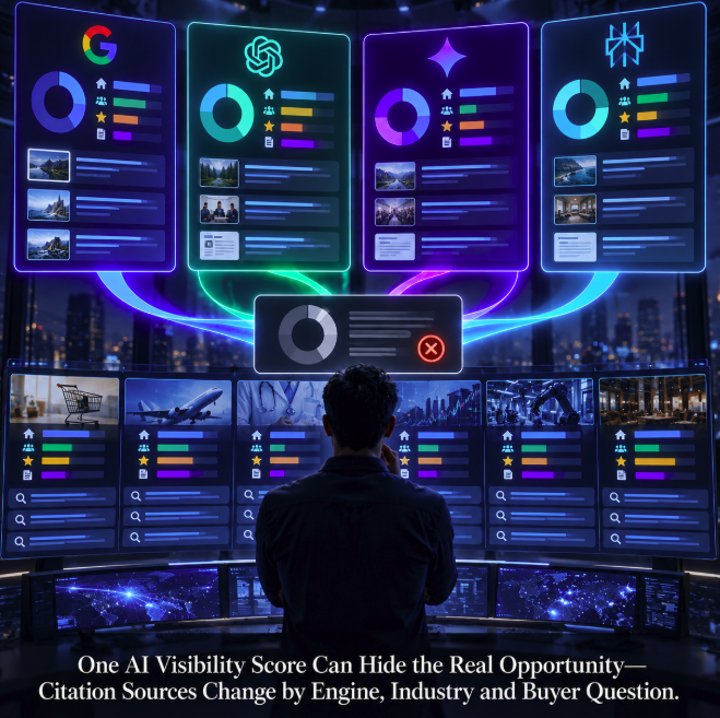One AI Visibility Score Can Hide the Real Opportunity—Citation Sources Change by Engine, Industry and Buyer Question