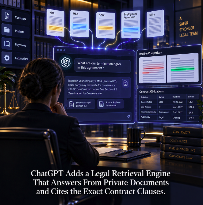 ChatGPT Adds a Legal Retrieval Engine That Answers From Private Documents and Cites the Exact Contract Clauses