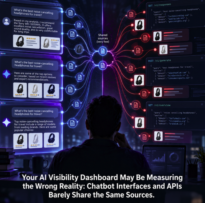 Your AI Visibility Dashboard May Be Measuring the Wrong Reality: Chatbot Interfaces and APIs Barely Share the Same Sources