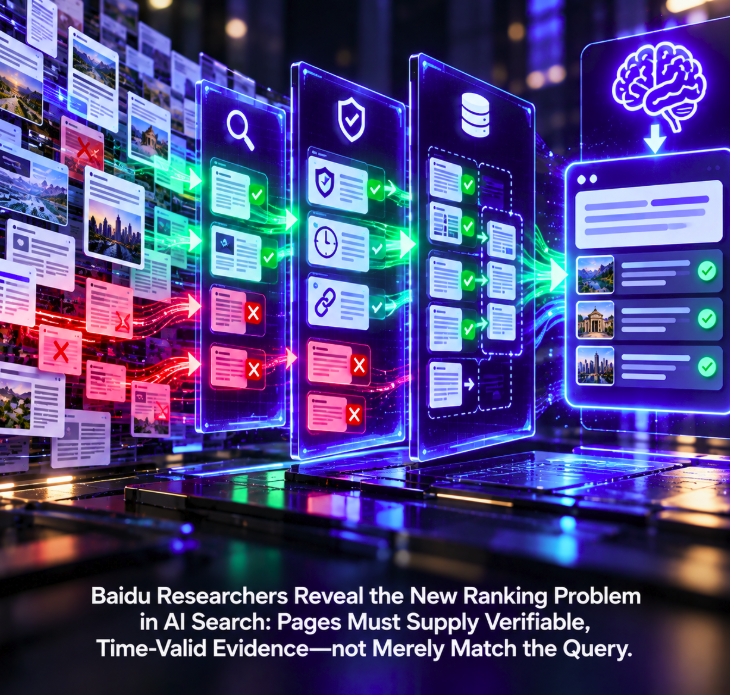 Baidu Researchers Reveal the New Ranking Problem in AI Search: Pages Must Supply Verifiable, Time-Valid Evidence—not Merely Match the Query