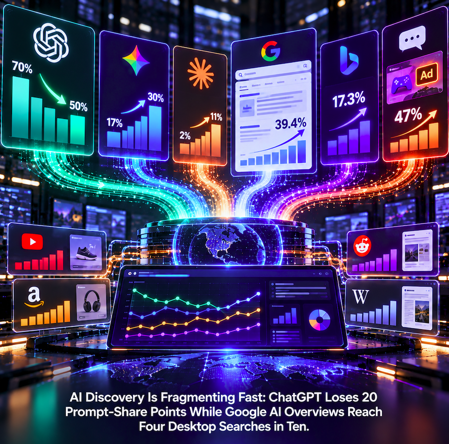 AI Discovery Is Fragmenting Fast: ChatGPT Loses 20 Prompt-Share Points While Google AI Overviews Reach Four Desktop Searches in Ten