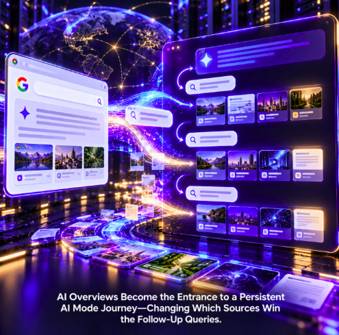 AI Overviews Become the Entrance to a Persistent AI Mode Journey—Changing Which Sources Win the Follow-Up Queries