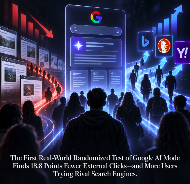 The First Real-World Randomized Test of Google AI Mode Finds 18.8 Points Fewer External Clicks—and More Users Trying Rival Search Engines